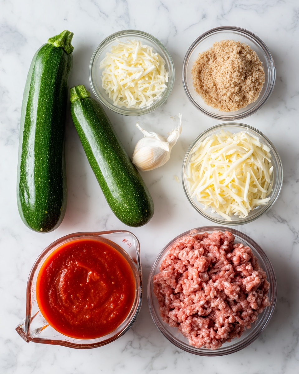 The image shows fresh ingredients arranged neatly on a white marbled surface. There are two whole green zucchinis on the left. Next to them, there is a clear glass bowl with light brown breadcrumbs, a small clear bowl with minced garlic, a clear bowl with shredded white cheese, a clear bowl with grated light yellow cheese, and another clear bowl with raw ground meat, pink with white fat bits. At the bottom left, there is a clear glass measuring cup filled with smooth, bright red tomato sauce. photo taken with an iphone --ar 4:5 --v 7