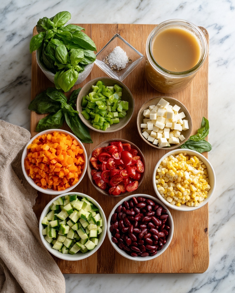The image shows a wooden cutting board placed on a white marbled surface, with several small white bowls arranged on it. Each bowl contains brightly colored ingredients: green chopped celery, orange chopped carrots, deep red kidney beans, white chopped onions, pale yellow corn kernels, chopped green zucchini, diced red tomatoes, and a bowl of fresh green basil leaves. There is also a small glass dish with white cubes of cheese and some seasoning. Behind the board is a clear glass jar filled with light brown broth. A beige cloth napkin is placed near the edge of the board. The photo taken with an iphone --ar 4:5 --v 7