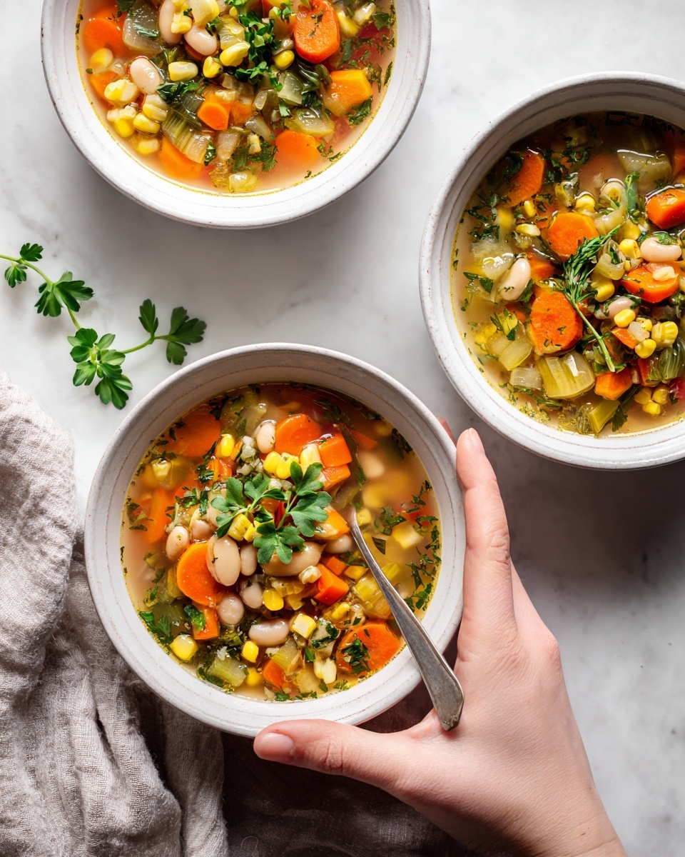 The image shows three white bowls filled with vegetable soup placed on a white marbled surface. Each bowl contains a colorful mix of vegetables like orange carrots, yellow corn, green herbs, and white beans in a clear broth. Small sprigs of fresh green herbs float on top, adding texture and brightness. A woman's hand is gently holding one of the bowls. Soft, natural lighting highlights the freshness and warmth of the soup. photo taken with an iphone --ar 4:5 --v 7