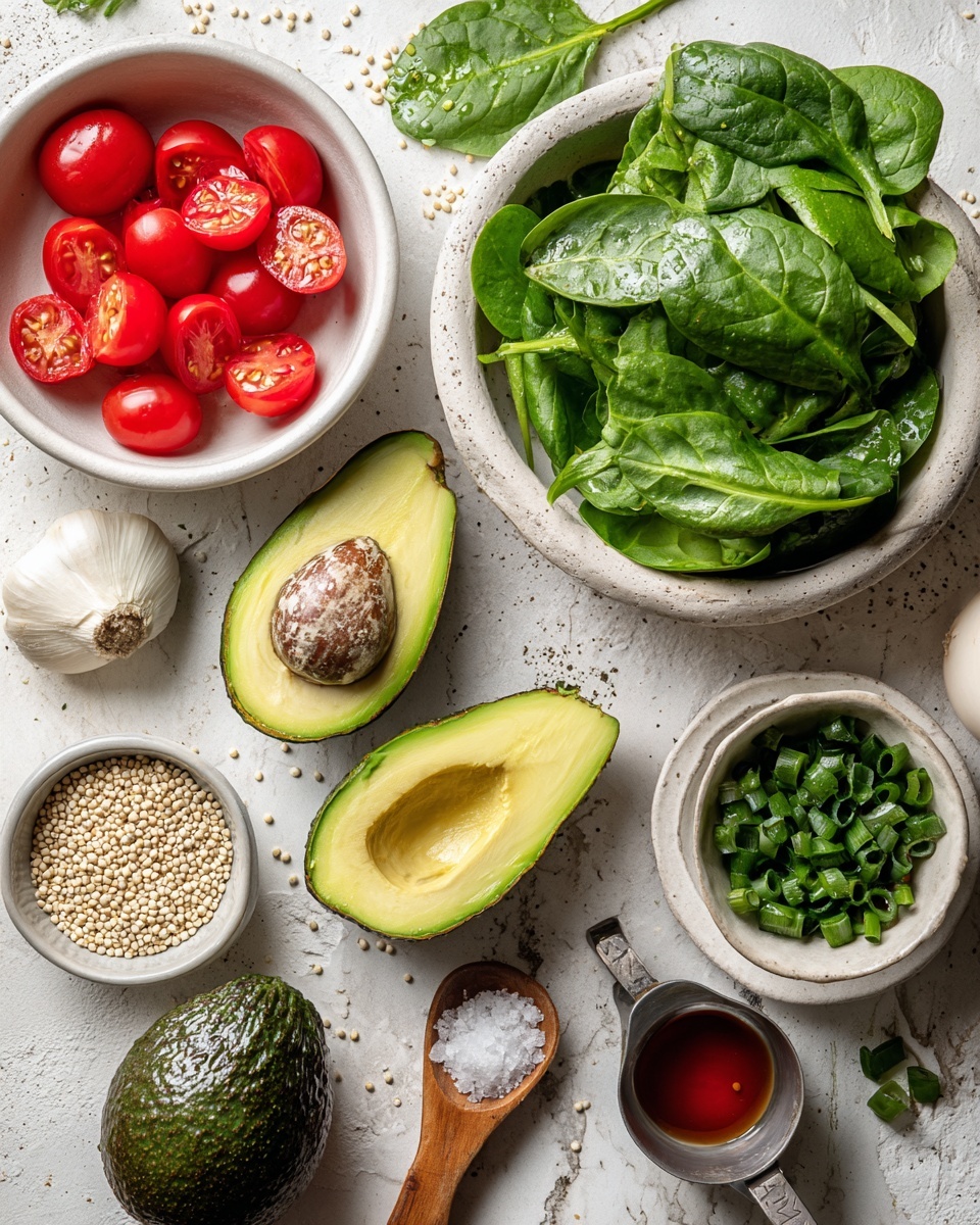 The image shows an assortment of fresh ingredients on a white marbled surface. There are two avocado halves, one with the seed and one without, showing the smooth green inside. A whole dark green avocado sits beside them. A white bowl holds sliced red cherry tomatoes, and another white bowl is filled with fresh green spinach leaves. A small white bowl contains dark green chopped spring onions, while a white bowl with a red liquid sits next to a white garlic bulb. A metal measuring cup is filled with small white quinoa seeds. At the bottom left, a wooden spoon holds a small amount of salt. photo taken with an iphone --ar 4:5 --v 7
