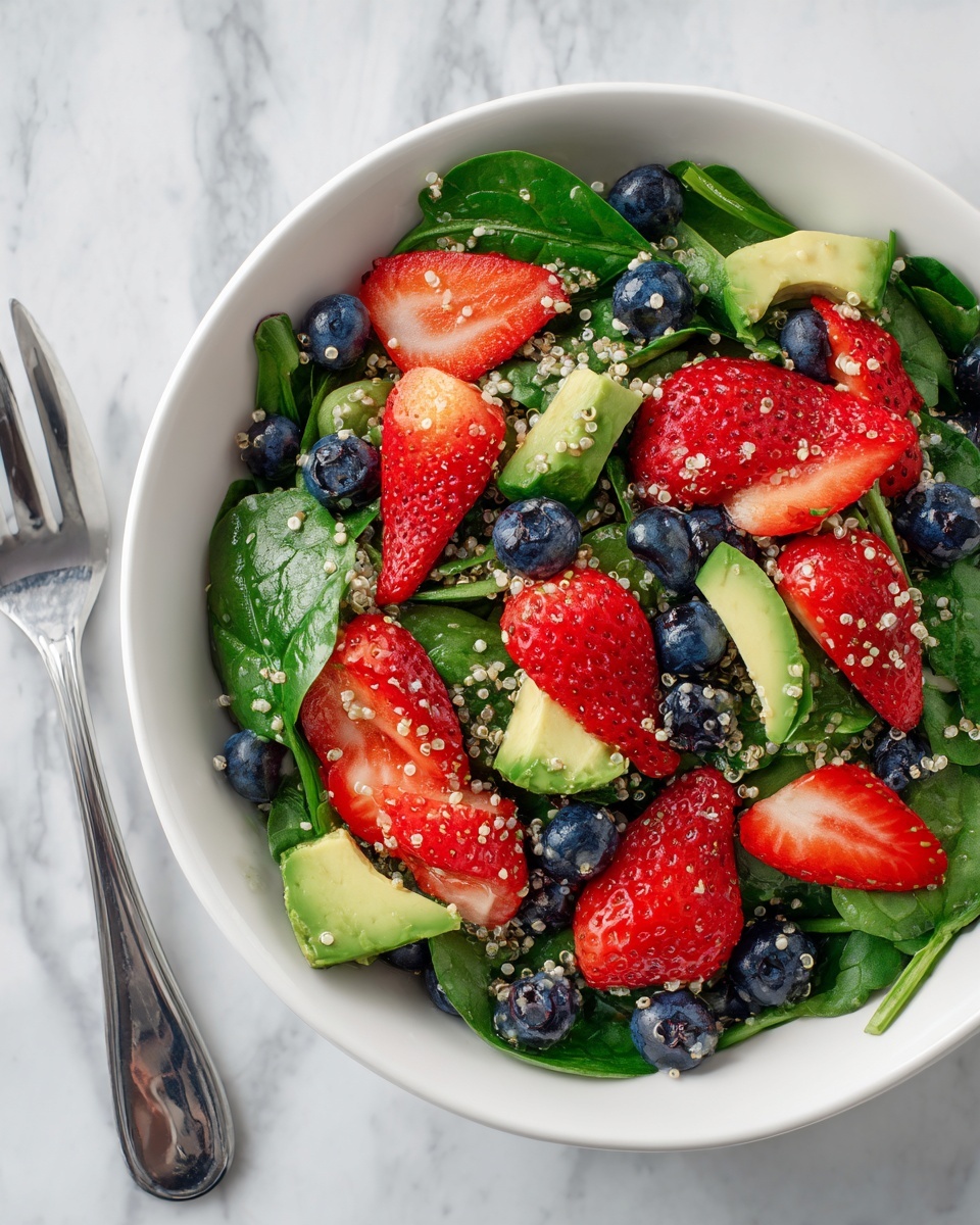 The image shows a colorful salad served in a white bowl. The salad has a base of green spinach leaves with a soft texture. There are bright red strawberry slices evenly mixed throughout. Small, round, dark blue blueberries are scattered in the salad adding a pop of color. Light green pieces of avocado with a creamy texture are also mixed in. The salad is sprinkled with tiny light-colored grains, likely quinoa, covering the top and filling small spaces between the fruit and leaves. The bowl is placed on a white marbled surface with a silver fork beside it. photo taken with an iphone --ar 4:5 --v 7