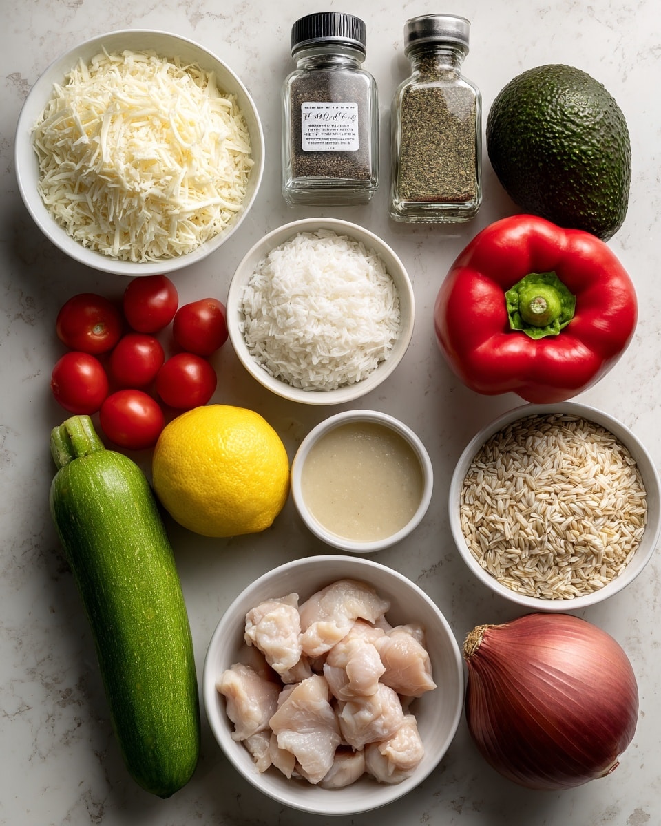 The image shows a top view of various fresh ingredients arranged neatly on a white marbled surface. There are ten items, each in a white bowl or placed directly on the surface: a bowl of shredded white cheese in the upper left, next to a clear bottle with black pepper and another bottle labeled