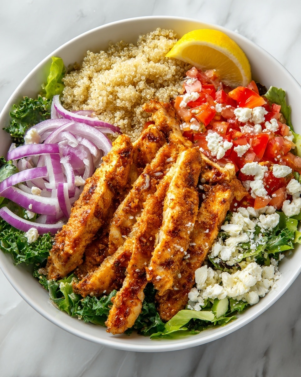 A white bowl filled with four main layers: on the top right, light beige fluffy quinoa; below it, golden brown grilled chicken strips with a slightly crispy texture; on the left side, bright green lettuce leaves forming a fresh base; and in between, a mix of thin purple onion rings and chopped red tomatoes with some white crumbly cheese sprinkled over the chicken and vegetables. A lemon wedge sits on the edge of the bowl. The bowl is placed on a white marbled surface. photo taken with an iphone --ar 4:5 --v 7