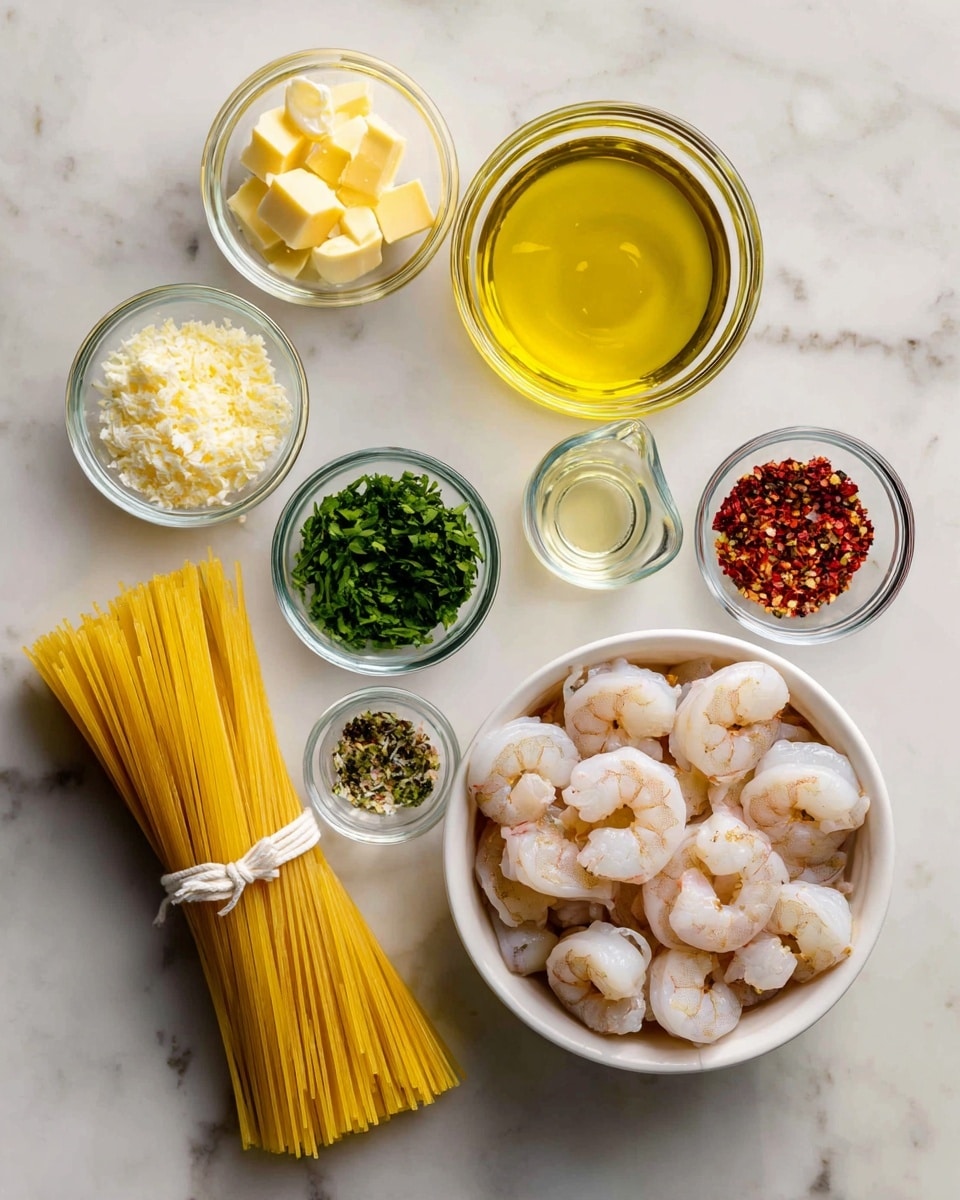 The image shows a white marbled surface with several clear glass bowls filled with different ingredients neatly arranged. On the right side, there is a white bowl filled with raw shrimp. Below it, a small glass measuring cup contains clear liquid. To the left, there are small glass bowls holding chopped garlic, chopped parsley, red pepper flakes, small cubes of butter, olive oil, and clear chicken broth. Spaghetti pasta is placed on the left side, tied in a bundle with a white string. The overall colors include pale yellow from butter, light pink from shrimp, green from parsley, and golden yellow from olive oil, all placed on a clean white marbled background photo taken with an iphone --ar 4:5 --v 7