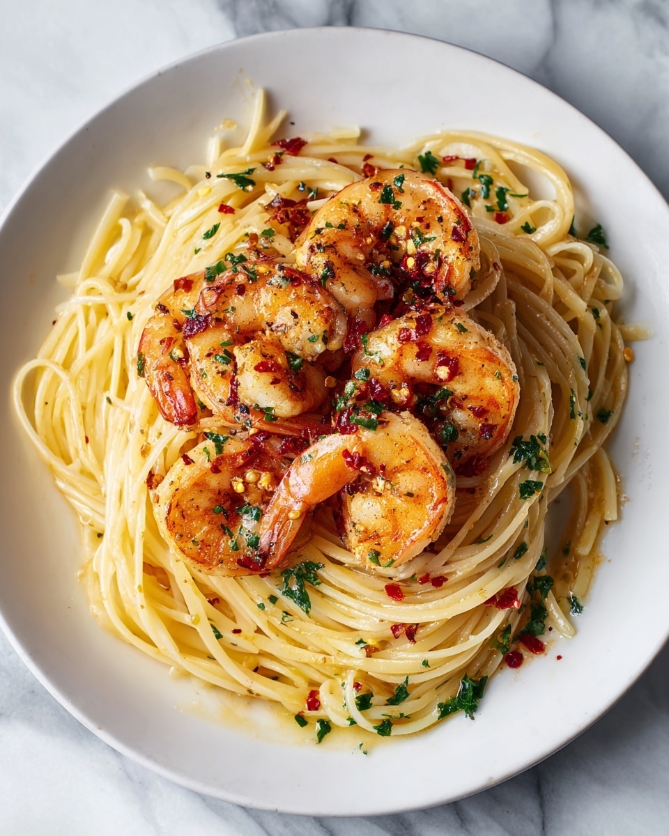 A round white plate holds a serving of thin spaghetti noodles piled in the center, light golden in color with a slight shine from oil. On top of the noodles are several large shrimp with a pinkish-orange hue, lightly browned and seasoned with red chili flakes and small green herb bits scattered over both shrimp and noodles. The noodles have a soft texture and are spread evenly, while the shrimp sit in a loose circular pattern on top. The plate is set on a white marbled surface. photo taken with an iphone --ar 4:5 --v 7