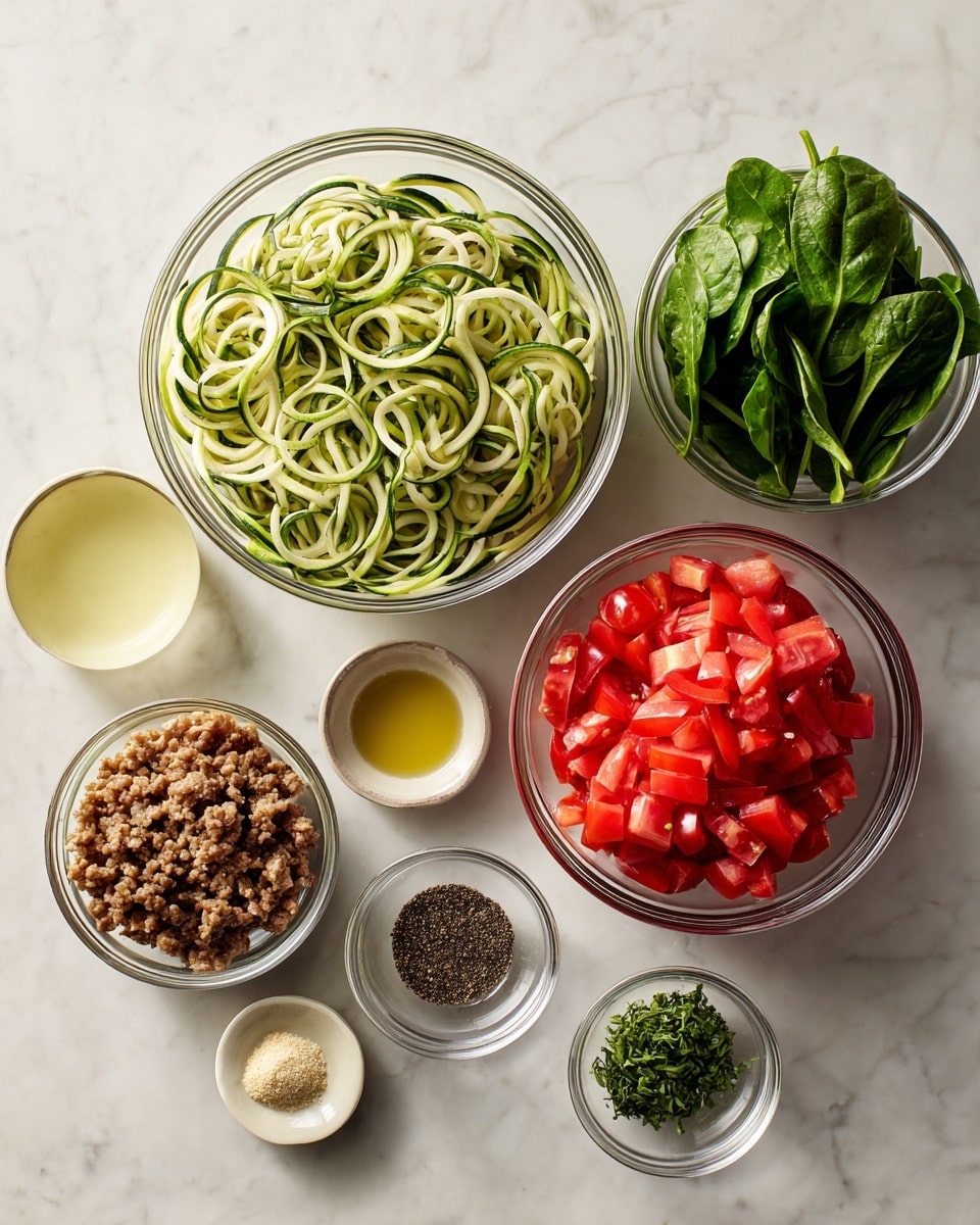 The image shows a white marbled surface with seven clear glass bowls arranged neatly. The largest bowl in the center contains thin spiral green zucchini noodles with a light creamy sauce coating. To its right, a smaller bowl holds fresh green spinach leaves, and below that a bowl filled with bright red chopped tomatoes. On the left side, a bowl contains crumbly brown cooked ground meat. Around these are four tiny bowls with spices and liquids: a pale yellow liquid, a tiny bowl of crushed beige garlic, a small pile of black ground pepper, and a light sprinkle of green herbs. The bowls are evenly spaced and well-lit, giving a fresh look. Photo taken with an iphone --ar 4:5 --v 7