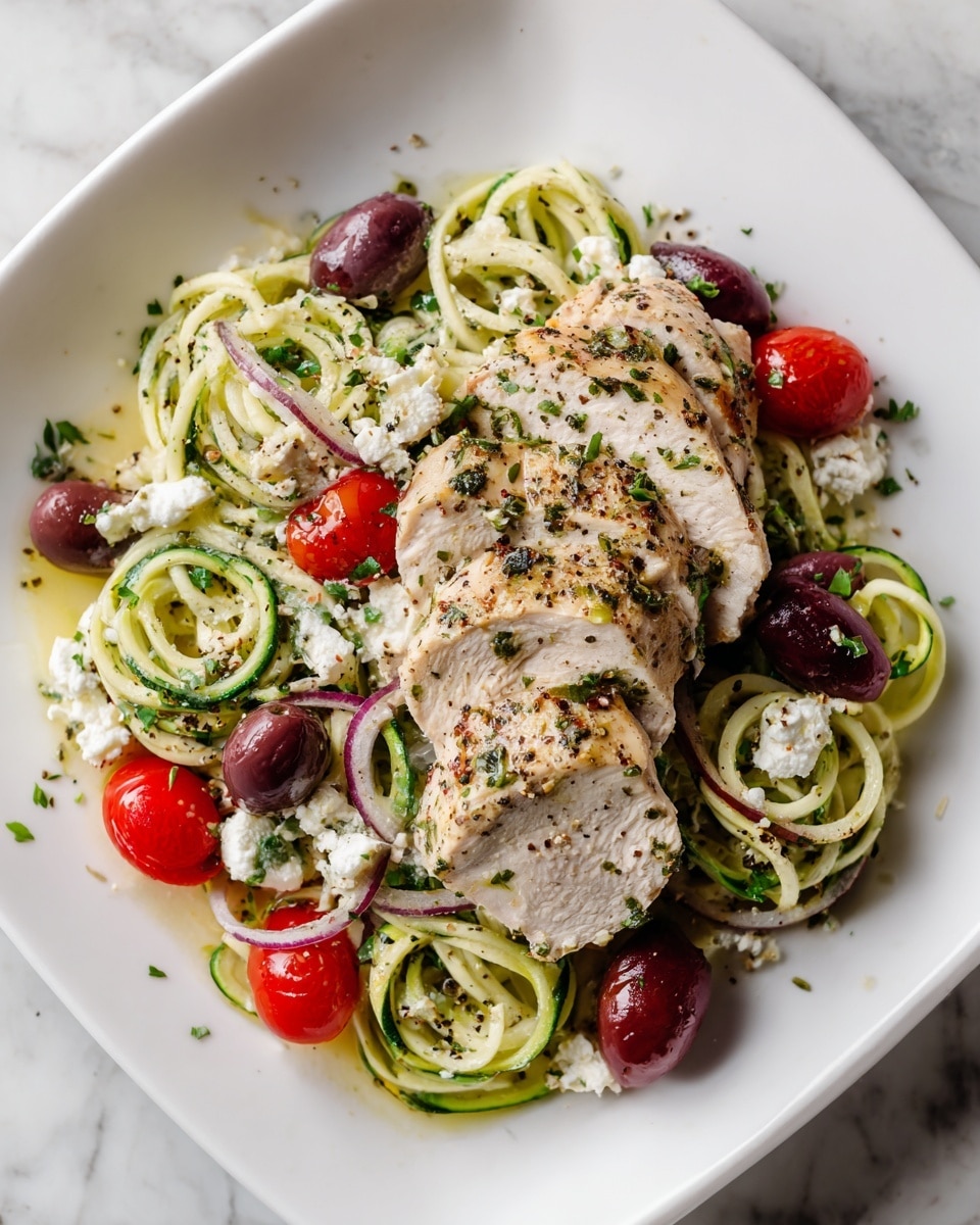 A white square plate holds a dish with three slices of cooked light beige chicken placed in the center. Surrounding the chicken is a mix of spiral-shaped pale green zucchini noodles, bright red halved cherry tomatoes, and purple sliced olives. White crumbled cheese pieces are scattered across the noodles with a sprinkle of green herbs and black pepper on top. The plate is set on a white marbled surface. photo taken with an iphone --ar 4:5 --v 7