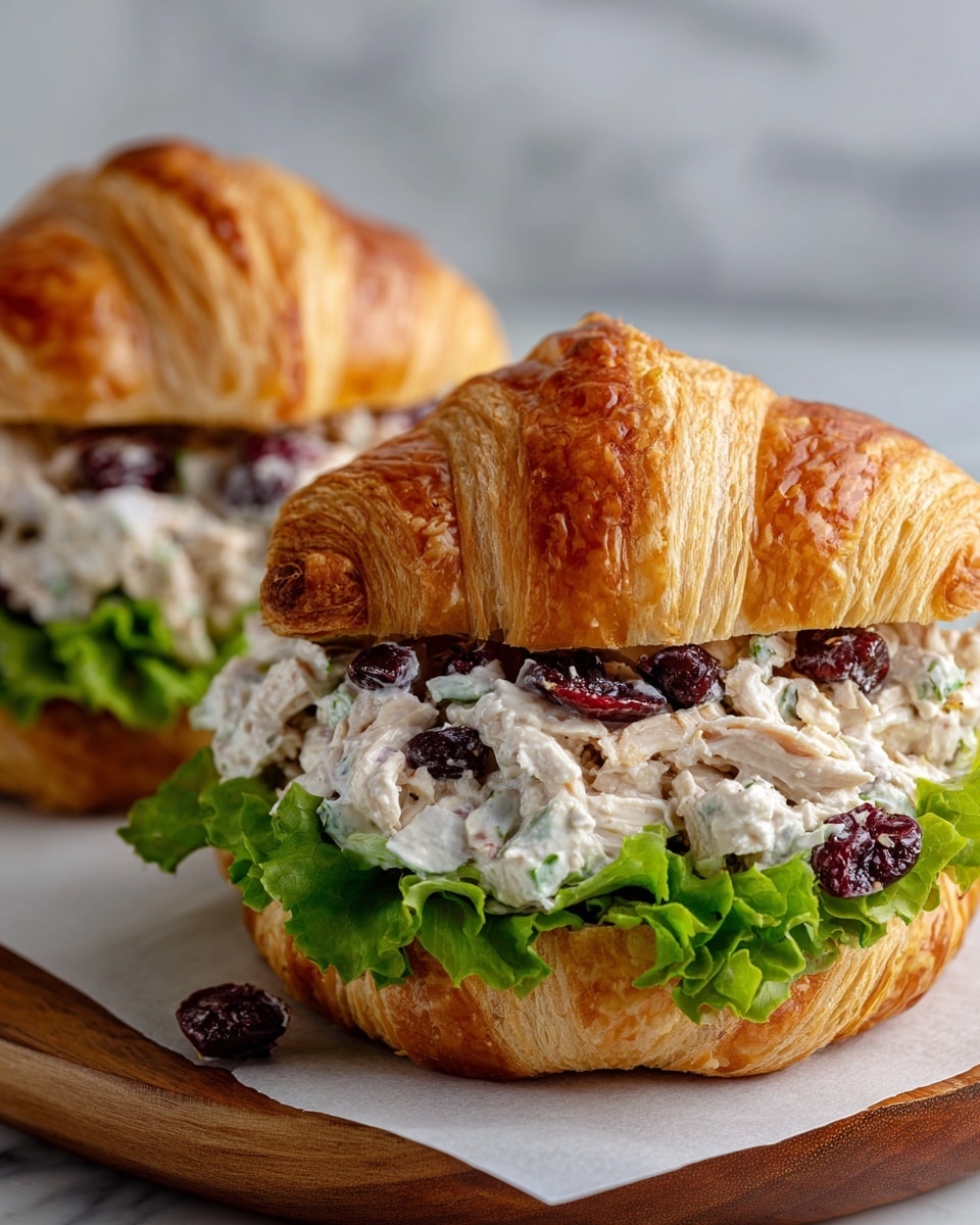 Two croissant sandwiches sit on a wooden board over white parchment paper, each sandwich layered with fresh green lettuce at the bottom, a thick layer of white chicken salad with visible chunks and bits of dark cranberries or raisins mixed in, and topped with a golden-brown flaky croissant with a visible crisp texture. The arrangement shows a close-up view with one sandwich fully in focus and the other slightly blurred behind it. The background is a white marbled surface. Photo taken with an iphone --ar 4:5 --v 7