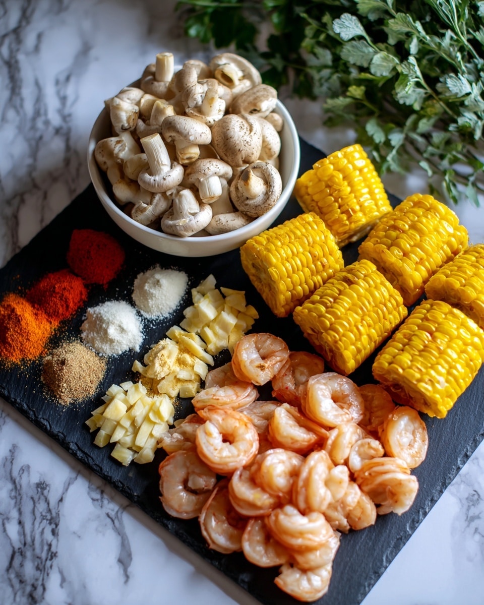 The image shows a white bowl filled with small, light beige mushrooms at the top left corner. Below it, there is a black slate board holding three sections: on the left, five rows of spices in powder form, each row with different colors including white, red, and light brown; in the middle, six pieces of bright yellow corn on the cob, each cut into thick rounds stacked in two piles; and on the right, a mix of cooked shrimp and sliced light pink sausages with a smooth texture. The background is a white marbled surface and some green herbs are partly visible at the top right corner photo taken with an iphone --ar 4:5 --v 7