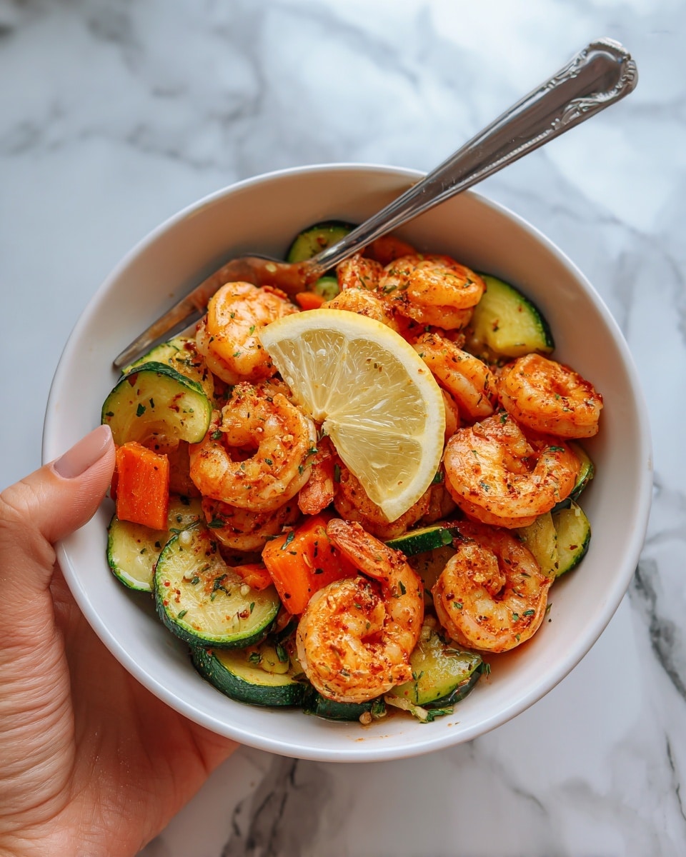 The image shows a white bowl filled with cooked shrimp in the center, with a reddish-orange color and a slightly shiny texture from seasoning. Around the shrimp, there are light green slices of zucchini and bright orange carrot pieces, creating a colorful mix. The bowl is placed on a white marbled surface, and a silver fork is resting on the edge of the bowl. A slice of lemon with a pale yellow color is placed on top of the shrimp as garnish. A woman's hand is holding the bowl from the side. Photo taken with an iphone --ar 4:5 --v 7