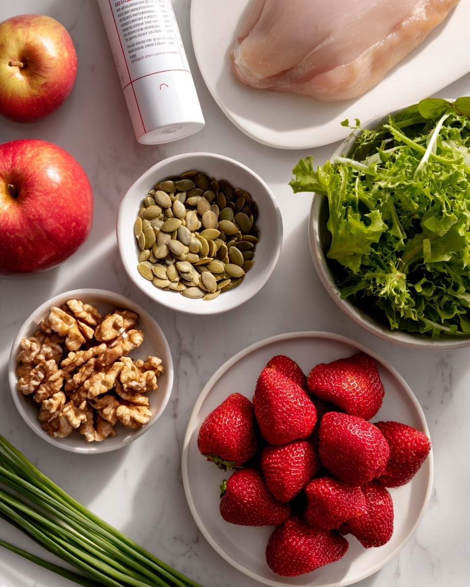 The image shows several food items arranged on a white marbled surface. There is a white bowl with green leafy salad at the top right, a white bowl full of pumpkin seeds near the center, and a white plate holding bright red strawberries in the bottom left. Below the strawberries is a small white bowl filled with walnuts. To the left of the strawberries, there is a white cylinder container with a red label. To the right of the salad, green chives lay horizontally, and next to them is a whole red apple. At the top left, there is a white plate with a piece of raw chicken. All items are brightly lit with clear details, photo taken with an iphone --ar 4:5 --v 7