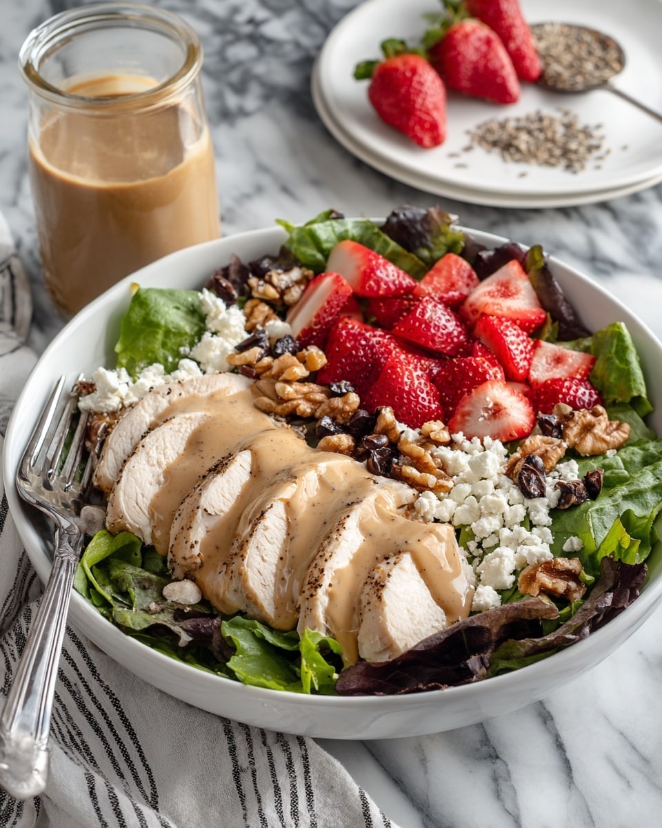 A white bowl filled with a salad that has three main layers: at the bottom, green and dark leafy lettuce; the middle layer is several slices of cooked white chicken with a light brown sauce drizzled on top; the top layer has bright red sliced strawberries, white crumbled cheese, whole walnuts, and small dark dried berries. There is more light brown sauce drizzled over everything. A silver fork rests inside the bowl on the left side. The bowl sits on a white marbled surface, with a glass jar of the light brown sauce, a plate with seeds, and a white cloth with black stripes nearby. Photo taken with an iphone --ar 4:5 --v 7