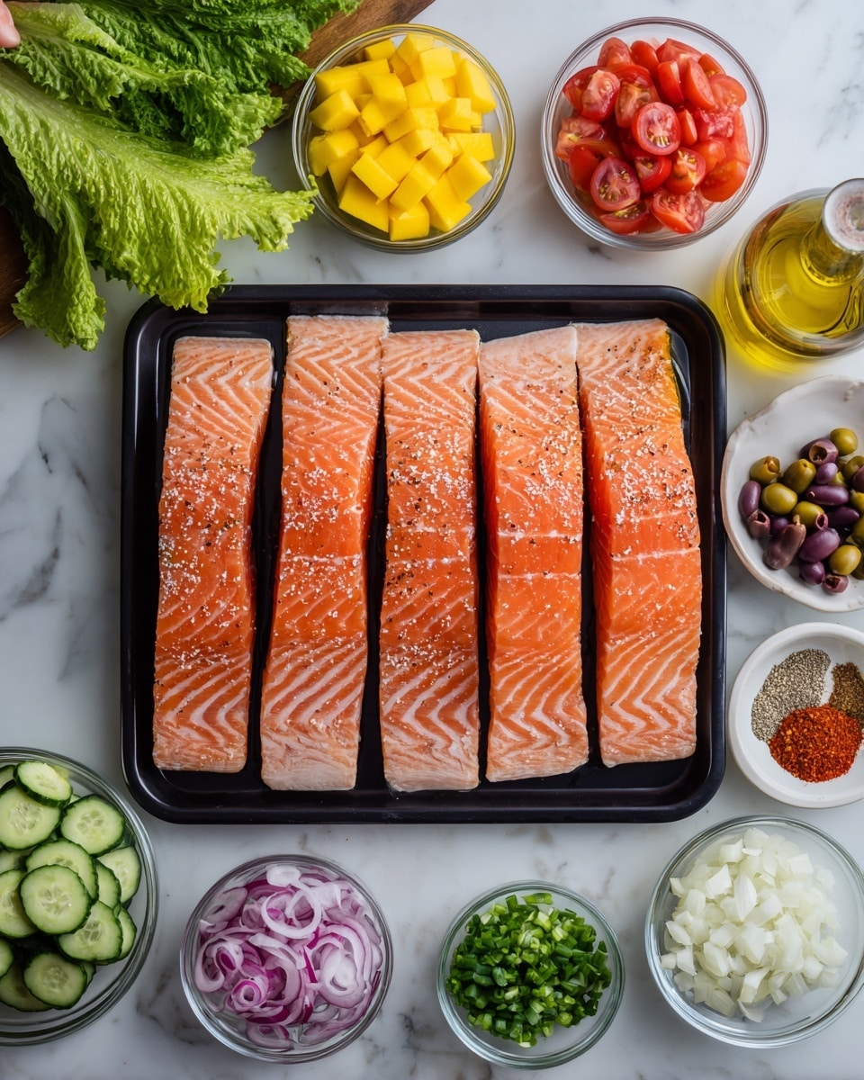 The image shows a black rectangular tray with six thick, raw salmon fillets placed side by side, each having a light orange-pink color with visible white marbling. Around the tray, on a white marbled surface, are small clear bowls and plates with various colorful ingredients arranged neatly: bright yellow sliced mango, fresh green sliced cucumbers, chopped white onions, dark shiny olives, thin rings of red onion, small red tomato halves, pale green leafy lettuce, small piles of coarse white salt, chili powder, olive oil, black pepper, garlic cloves, and a small bottle of olive oil. A woman's hand is holding some lettuce leaves over the top left corner of the tray. The whole setup is well lit, showing vibrant colors and clear textures. photo taken with an iphone --ar 4:5 --v 7