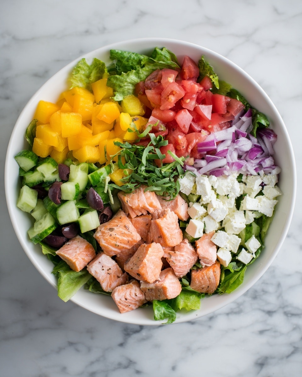 The image shows a white bowl filled with a colorful salad placed on a white marbled surface. The bottom layer consists of fresh green lettuce leaves. On top of that, there are chopped red tomatoes, diced green cucumbers, thin slices of red onion, and black olive halves scattered evenly. The next layer has small, cubed pieces of cooked salmon with a light orange color and slight grill marks. White chunks of soft cheese are mixed throughout the salad. Fresh green herbs are sprinkled on top, adding a touch of brightness to the mix. photo taken with an iphone --ar 4:5 --v 7