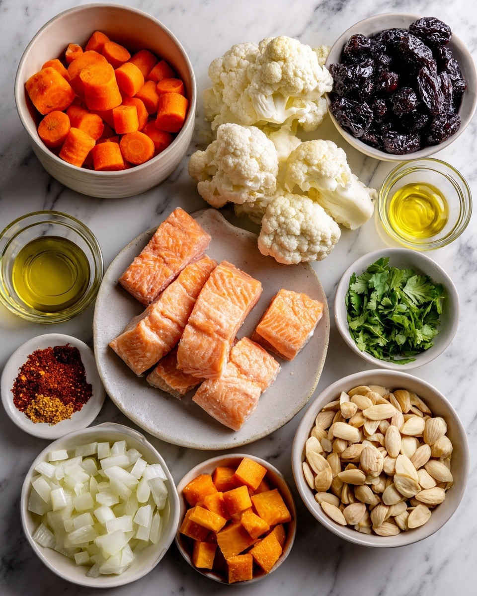 The image shows several small white bowls and plates arranged on a white marbled surface, each filled with different ingredients. There are chunks of bright orange carrots in one bowl, several sticks of fresh salmon with a smooth, pinkish-orange texture on a plate, and a bowl filled with chopped white onions. One bowl contains dark, wrinkled prunes, another has white cauliflower pieces with a bumpy texture, and one holds cubed bright orange sweet potatoes. There is also a small bowl with a mix of red and yellow spices, a tiny bowl with green cilantro leaves, a small glass with olive oil, and a bowl with chopped almonds. All the ingredients are neatly placed and clearly visible, ready to be cooked. photo taken with an iphone --ar 4:5 --v 7