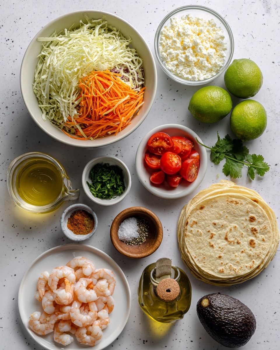 A top view of various ingredients arranged neatly on a white marbled surface, featuring a large white bowl filled with shredded cabbage and carrot strips in the top left, a small clear glass bowl with crumbly white cheese in the top right, and two whole green limes beside it. There is a small white bowl with fresh green cilantro leaves near the middle right and a dark textured avocado below it. In the bottom right, there is a white plate with a stack of soft, light tan tortillas. On the bottom left, a white bowl contains raw peeled shrimp. In the center are two small wooden bowls with salt and black pepper, a small round white bowl with bright red grape tomatoes, and another small bowl holding four colorful spices in brown, red, and yellow shades. There is also a small jar of clear yellow oil and a small jar of creamy white sauce nearby. Photo taken with an iphone --ar 4:5 --v 7