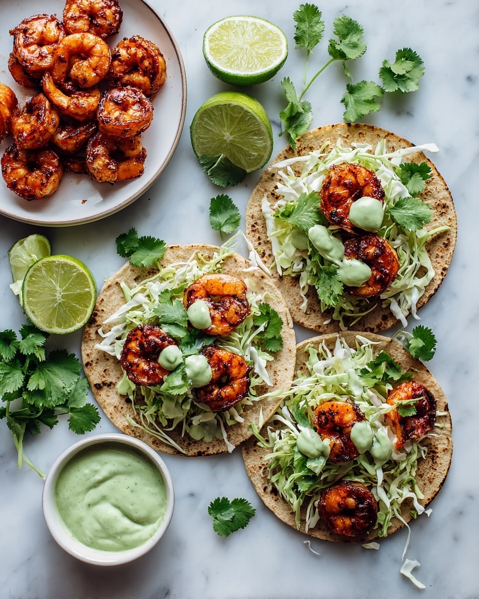 Four grilled tortillas lie flat and open, each layered with shredded white and orange cabbage slaw, bright green cilantro leaves, dollops of creamy light green sauce, and topped with several plump, reddish-orange cooked shrimp with a slightly charred texture. To the top left, a white plate holds more cooked shrimp. Scattered around are fresh cilantro sprigs and two lime halves near the bottom left. A small white bowl filled with the same creamy light green sauce is placed near the bottom left corner. All items are laid out on a white marbled surface photo taken with an iphone --ar 4:5 --v 7