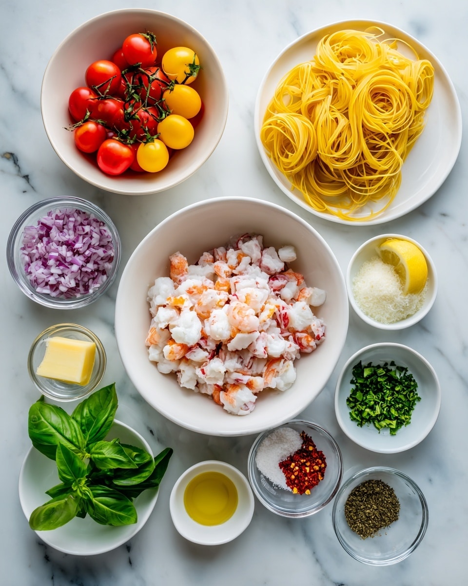 A top-down view of various fresh ingredients arranged neatly on a white marbled surface, featuring a large white bowl at the center filled with chopped white and orange seafood pieces. To the top left, there is a white bowl with red and yellow cherry tomatoes on the vine. To the top right, a white plate holds a bundle of uncooked yellow wavy pasta strands. Surrounding these larger bowls are smaller white and clear bowls with finely chopped red onions, minced garlic, yellow lemon zest, fresh green herbs, green basil leaves, a small pat of butter, a small bowl of olive oil, a bowl of black pepper, a bowl of salt, and a small dish containing red chili flakes. The ingredients are arranged in a balanced and clean manner. Photo taken with an iphone --ar 4:5 --v 7