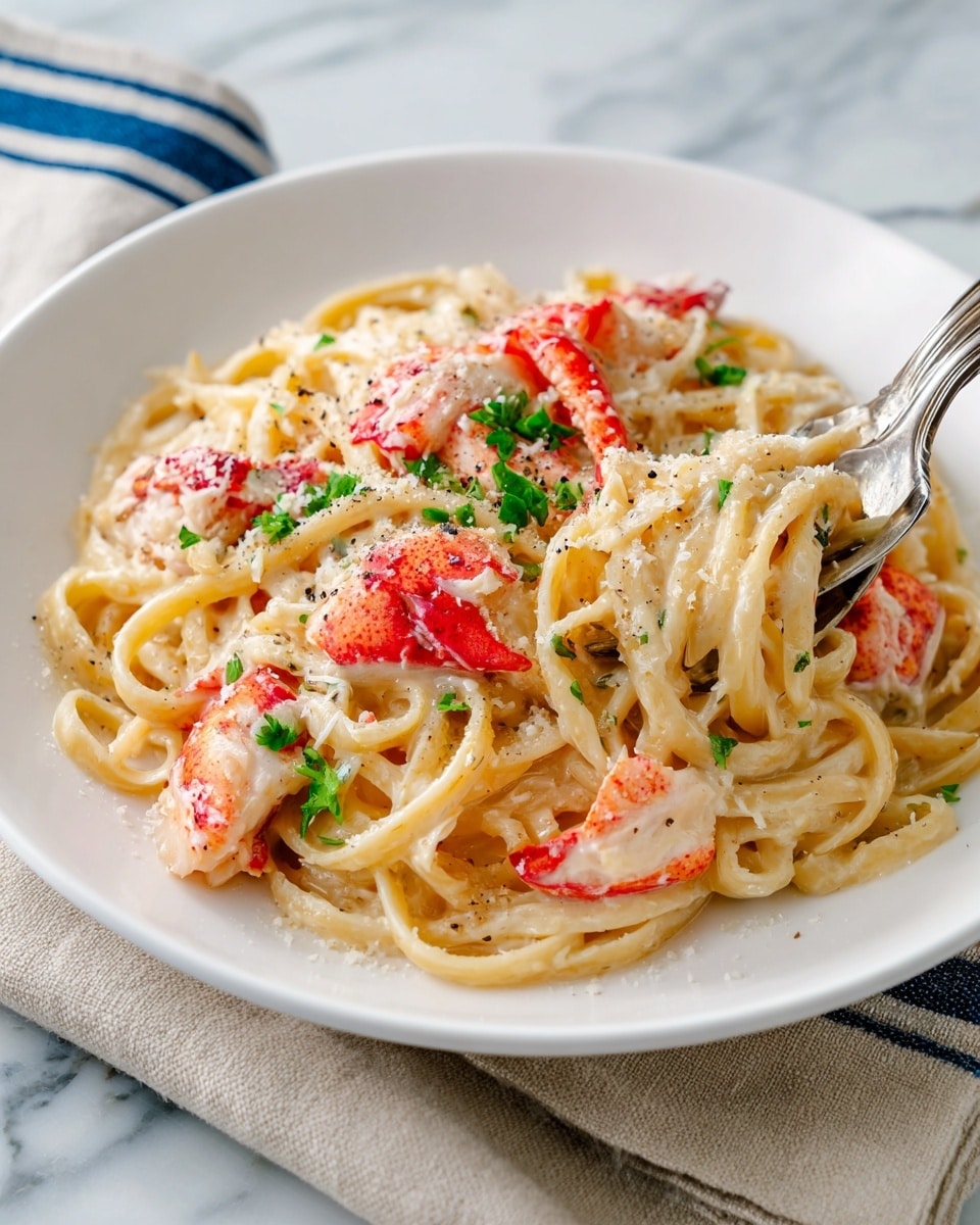 A white plate filled with thick, creamy pasta noodles coated in a light beige sauce, mixed with bright red lobster claw and tail pieces scattered on top and throughout the pasta. The dish is garnished with small green herb bits and a sprinkling of black pepper and grated cheese, adding texture and color contrast. Two silver spoons rest on the edge of the plate, slightly lifting some noodles. The plate sits on a white marbled surface with a beige cloth that has a blue stripe in the background. Photo taken with an iphone --ar 4:5 --v 7