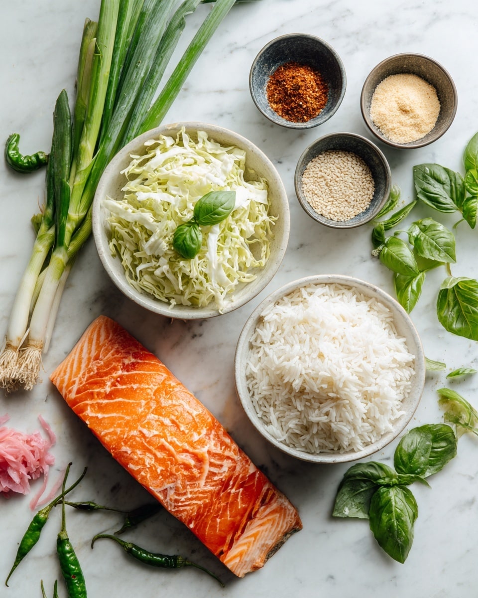 The image shows several ingredients arranged on a white marbled surface. At the bottom left, there is a fresh raw salmon fillet with a smooth, shiny orange color. Next to it, on the right, there is a white bowl filled with white cooked rice. Above these, in the center, a white bowl contains shredded light green cabbage and some fresh green basil leaves. Around the center bowl, there are three small dark bowls holding different seasonings: a brownish paste, some small white grains like sesame seeds, and light yellow powder. To the top left, there are fresh green onions with long white and green stalks. On the left side, there are small green chilies and some bright green basil leaves. Nearby, there is a small pile of pink pickled ginger. The whole scene looks clean and bright. Photo taken with an iphone --ar 4:5 --v 7