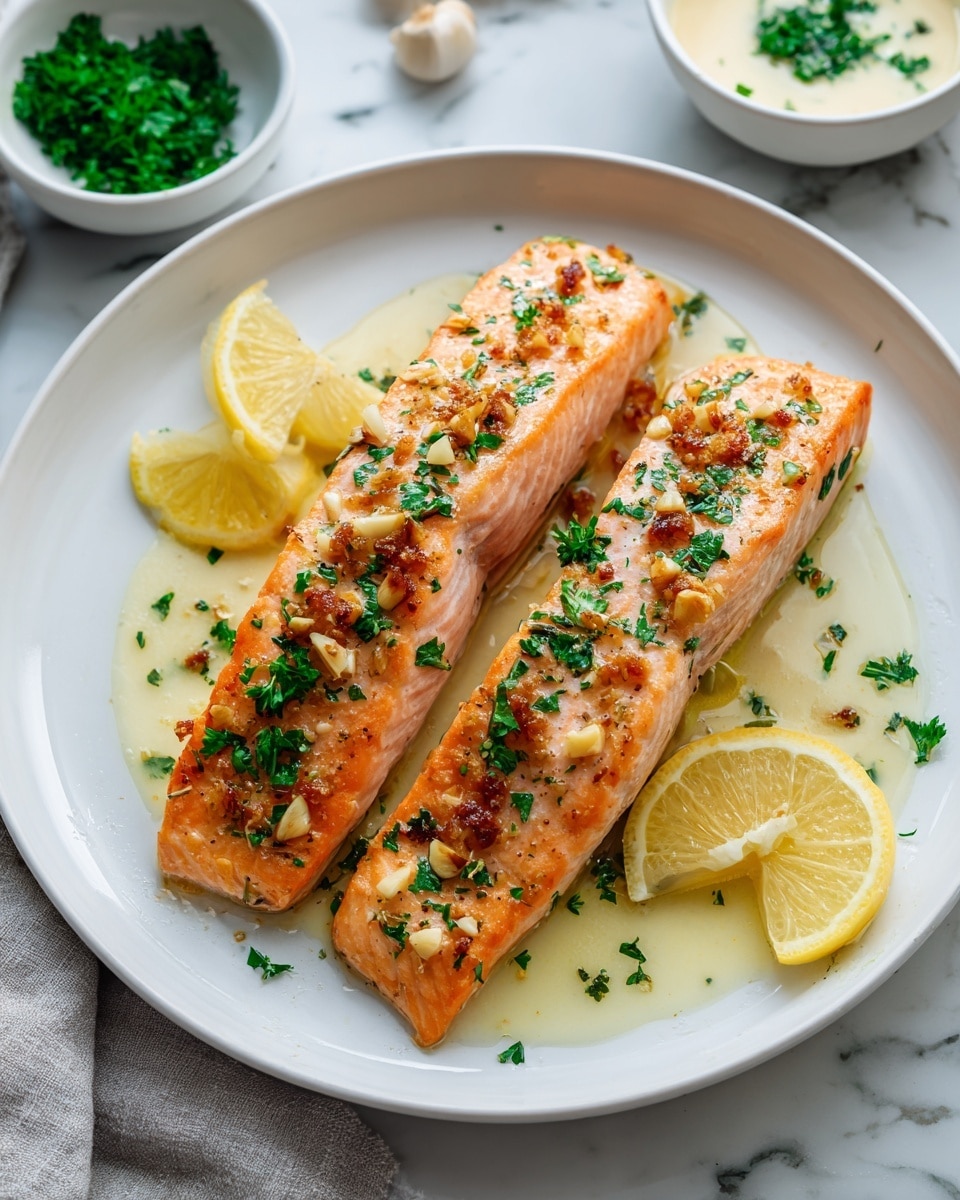 Two cooked salmon fillets sit on a white plate, each piece showing a light orange-pink color with a slightly crispy texture on top. The fillets are sprinkled with small pieces of browned garlic and green parsley. Around the salmon, there are three lemon wedges with bright yellow skin and white juicy flesh inside. The plate is placed on a white marbled surface, and two white bowls with chopped herbs and a creamy sauce are partly visible in the background. photo taken with an iphone --ar 4:5 --v 7