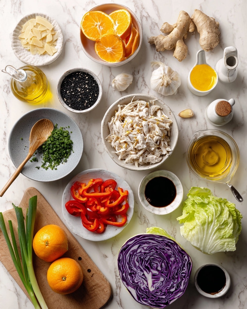 A flat lay of many cooking ingredients on a white marbled surface, centered by a white bowl filled with shredded white chicken. Around it, clockwise from top left: slivered pale almond slices in a white bowl, a whole orange carrot, a white plate of black sesame seeds, two pieces of fresh ginger root, a small white bowl with a yellow mustard-colored sauce and a wooden spoon, three garlic cloves with peeled skin, a small glass bottle of yellow oil, a gray bowl filled with bright red sliced bell peppers, a whole head of purple cabbage cut in half showing its pattern, a small white bowl of chopped green herbs, a wooden cutting board with whole green romaine lettuce, a small white jug of honey, two small white jugs of dark soy sauce, a cluster of green onions, and a small white bowl filled with orange tangerine slices. All items are placed neatly and clearly, photo taken with an iphone --ar 4:5 --v 7