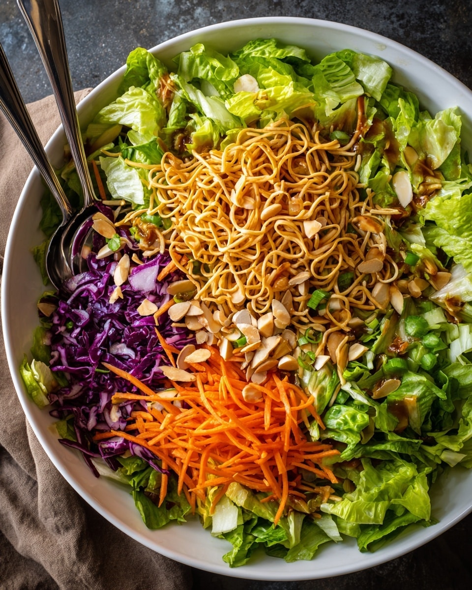 A large bowl filled with a colorful salad featuring several layers: the bottom layer is made of fresh light green lettuce leaves, topped with shredded orange carrots and thin slices of purple cabbage. On top of this, there are crunchy light brown noodles scattered all over and sprinkled with white almond slices. The bowl is white, placed on a dark surface with two metal spoons sticking out from the side. photo taken with an iphone --ar 4:5 --v 7