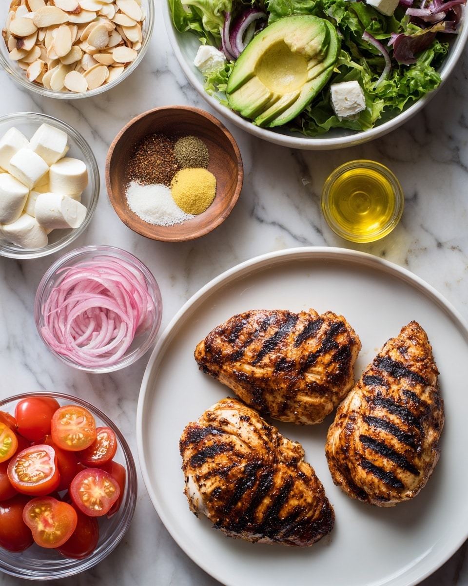 A flat white plate holds two pieces of grilled chicken with dark grill marks and a browned, slightly crispy texture. Around the plate, there are several small white bowls and one clear glass bowl: one bowl with sliced almonds, one with clear golden oil, one with mixed spices (white, yellow, and black powders) in a wooden bowl, one small bowl with a dollop of yellow mustard, one clear bowl filled with bright red sliced cherry tomatoes, a white bowl with peach slices showing yellow and red skin, a white bowl with creamy white mozzarella slices, a small white bowl with pickled pink onions, a halved avocado showing green flesh and a stone, and a large white bowl full of mixed fresh green leafy salad. All are placed on a white marbled surface photo taken with an iphone --ar 4:5 --v 7