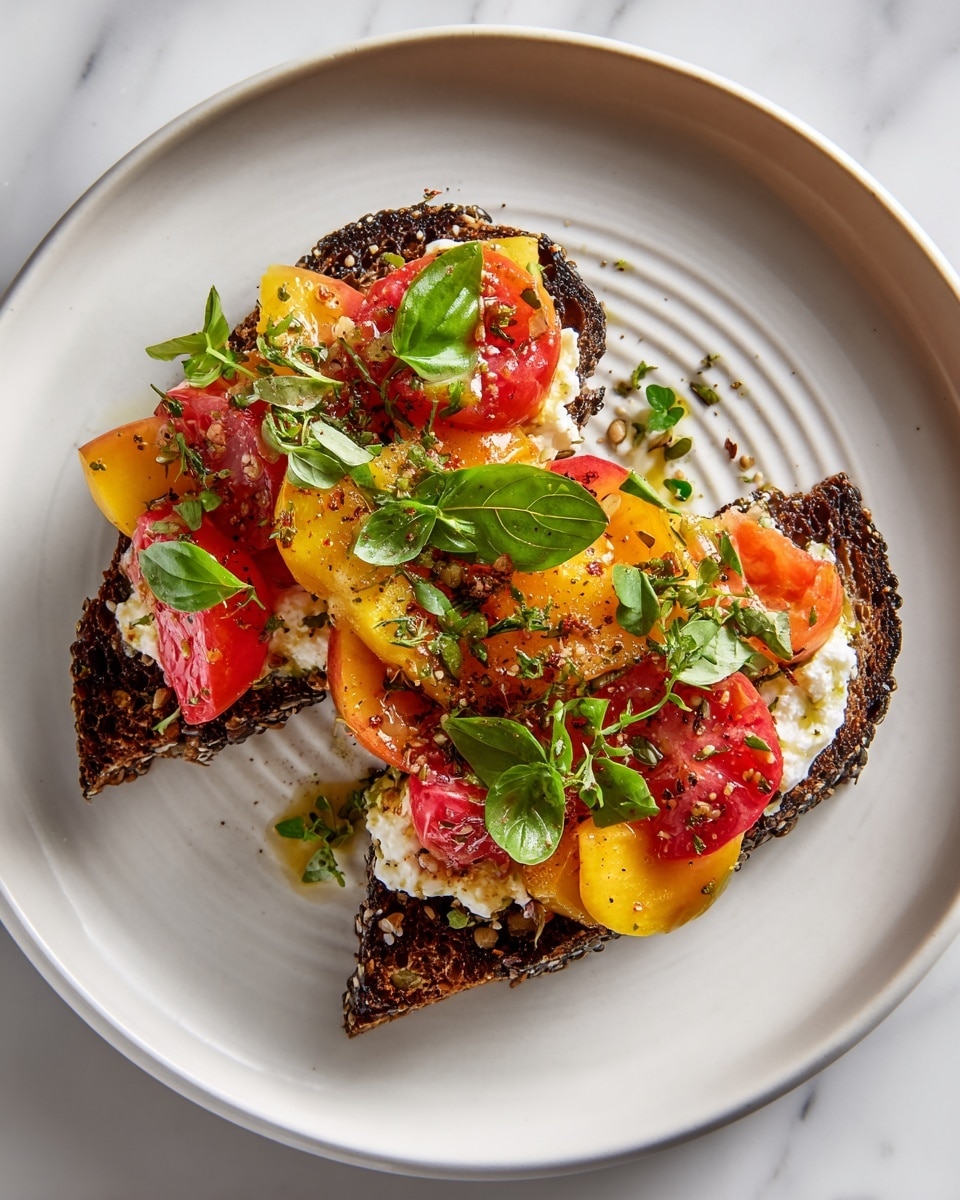 A white plate with a mix of three main layers: at the bottom, dark toasted bread pieces with seeds and rough texture; on top of the bread, bright red tomato slices and orange peach slices with soft, juicy texture are scattered evenly; in the center, a small mound of white creamy cheese topped with green basil leaves adds contrast. The plate is set on a white marbled texture. Photo taken with an iphone --ar 4:5 --v 7