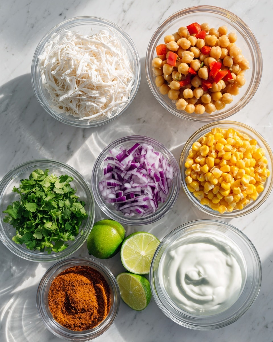 The image shows seven clear bowls and one white bowl arranged on a white marbled surface. The white bowl at the top left contains shredded white meat. Below it, a clear bowl holds chopped red bell peppers, purple onions, and green cilantro. To the top right, one clear bowl is filled with chickpeas, next to it a clear bowl with bright yellow corn kernels. Below those, a clear bowl has a mound of reddish-brown spice powder, and another clear bowl contains thick white yogurt or sour cream. Three lime halves are also placed among the bowls, adding a fresh green color. The lighting is bright and natural. Photo taken with an iphone --ar 4:5 --v 7