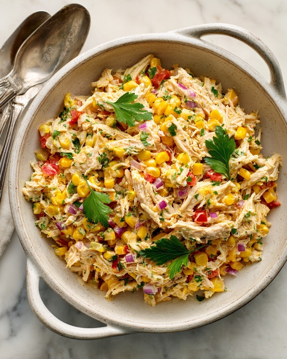 The dish is shown inside a round white ceramic bowl with handles. It is a colorful salad made of three main layers mixed together: shredded light beige chicken, bright yellow corn kernels, and small red bell pepper pieces. Small bits of purple onion and green herbs are scattered throughout, adding extra color and texture. A creamy light sauce coats the ingredients lightly, and a few fresh green parsley leaves decorate the surface. The bowl sits on a white marbled surface with a silver fork and spoon partially visible at the side. photo taken with an iphone --ar 4:5 --v 7