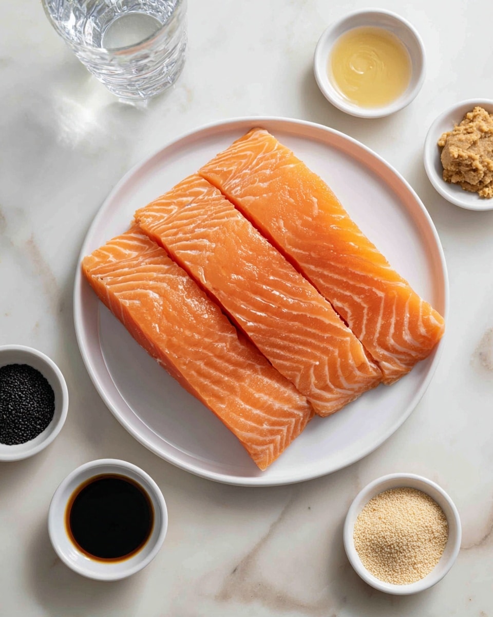 The image shows four pieces of raw salmon with bright orange color and thin white lines of fat, arranged side by side on a small white plate placed on a white marbled surface. Around the plate, there are small white bowls with different ingredients: a clear liquid, dark sauce, light brown crumbly paste, a golden sauce, small seeds, and a beige powdery substance. There is also a clear glass of water near the top left. The overall scene has a clean and fresh look. photo taken with an iphone --ar 4:5 --v 7