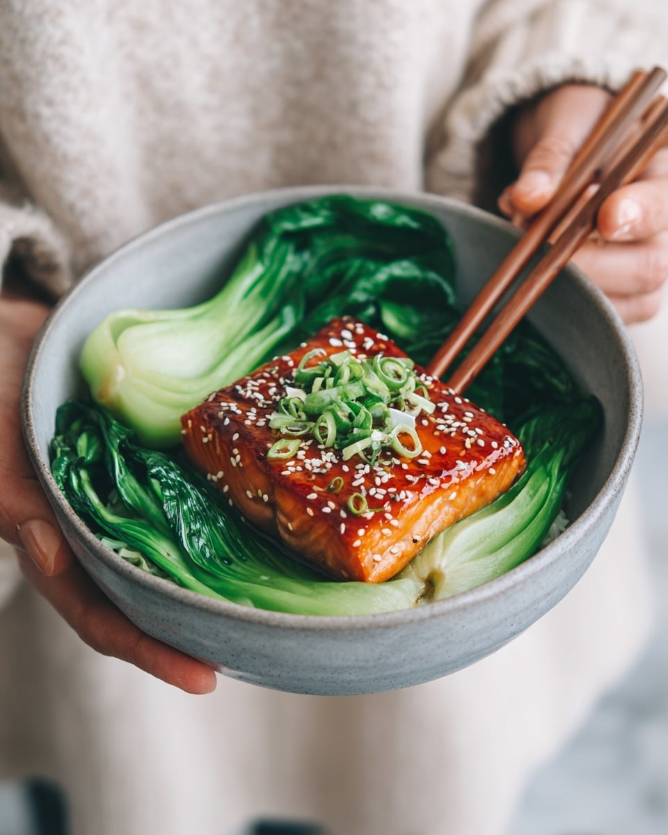 The image shows a gray bowl with a white marbled surface underneath. Inside the bowl, there is a bed of bright green bok choy leaves forming the bottom layer. On top, a square piece of cooked salmon with a shiny reddish-orange glaze and sesame seeds is placed in the center. To the right side of the bowl, woman’s hand is holding light brown wooden chopsticks, touching the edge of the salmon. The overall look is fresh and colorful with a clean presentation. photo taken with an iphone --ar 4:5 --v 7