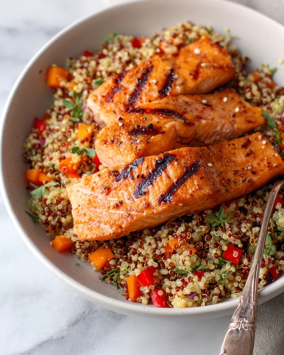 The image shows three pieces of grilled salmon with clear dark grill lines on top, placed on a bed of colorful quinoa mixed with red and orange bell peppers and small herb leaves. The salmon is light pink with a slightly charred surface. The quinoa beneath is textured with mixed colors, including white, red, and hints of green herbs. This is all served in a white bowl on a white marbled surface with a fork on the right side. Photo taken with an iphone --ar 4:5 --v 7