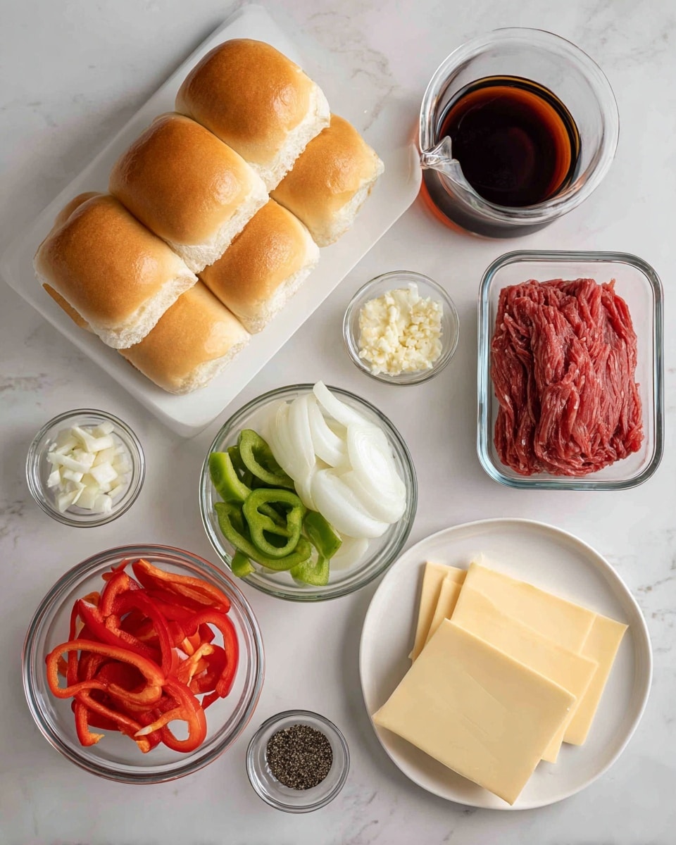 The image shows ingredients laid out on a white marbled surface. There is a white rectangular plate with four golden brown bread rolls stacked in two layers. Near it, a small glass bowl with minced garlic is placed next to a clear glass jug filled with a dark reddish liquid. Below the jug is a glass container filled with raw, thinly sliced red meat. To the left of the meat, a round clear glass bowl holds three types of sliced vegetables: red bell peppers on the left, white onions in the center, and green bell peppers on the right. Below the vegetables, a small glass bowl contains black and white salt and pepper. To the right, a white round plate has six pale yellow slices of cheese arranged in a neat stack. Photo taken with an iphone --ar 4:5 --v 7