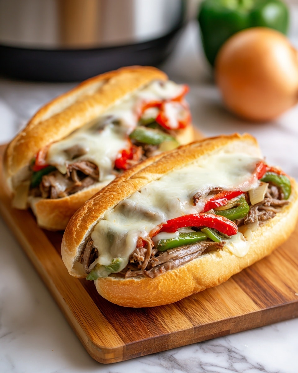 Two sandwiches rest on a wooden cutting board placed on a white marbled surface. Each sandwich has a golden brown, soft hoagie roll sliced open to hold the fillings. Inside, there is a layer of thin, cooked brown meat mixed with cooked green bell pepper slices and onion pieces. On top of the meat and veggies, melted white cheese spreads evenly, showing a slightly creamy texture. There are also thin strips of red roasted pepper adding a colorful touch inside each sandwich. A slow cooker, a whole onion, and a green bell pepper sit blurred in the background. Photo taken with an iphone --ar 4:5 --v 7