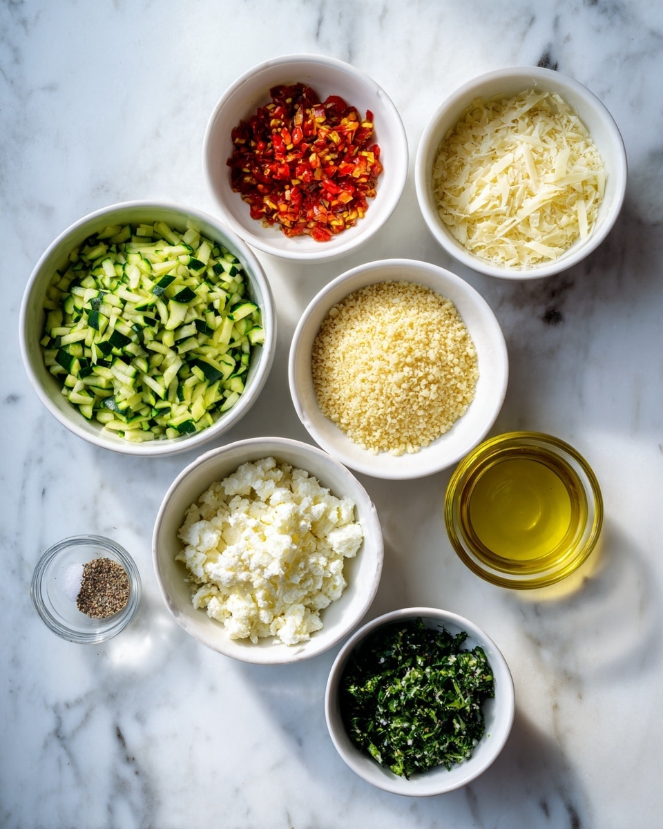 The image shows seven small white bowls arranged on a white marbled surface. Each bowl contains a different ingredient: finely chopped green zucchini, small red diced pieces, a pale yellow dry grain, a green leafy mix, a white crumbly cheese, a clear bowl with oil, and a tiny glass bowl with salt, pepper, and a small amount of a light-colored spice. The bowls are evenly spaced, with vibrant colors contrasting against the white marbled background. photo taken with an iphone --ar 4:5 --v 7