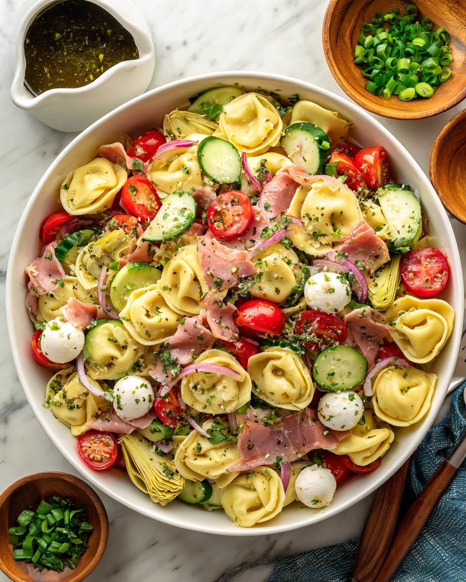 A large white bowl filled with layered tortellini pasta that is light yellow, mixed with halved bright red cherry tomatoes, dark olive slices, small white mozzarella balls, thin pink strips of ham, green cucumber slices, pieces of light green artichoke, and bits of red onion and green herbs scattered throughout. The bowl rests on a white marbled surface, with two small wooden bowls containing chopped green herbs and scallions in the background, along with a white sauce pitcher filled with a dark green dressing near the top left corner. photo taken with an iphone --ar 4:5 --v 7