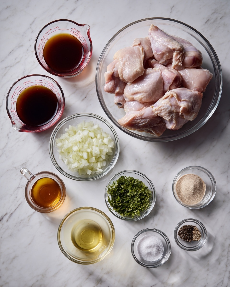The image shows a white marbled surface with a large clear glass bowl on the upper right holding several pieces of raw chicken thighs with pale pink skin and light flesh. To the left, there are two clear glass measuring cups, one with a deep reddish-brown liquid and the other with a very dark brown liquid. Below these, a small clear glass bowl contains finely chopped white onions, next to it is another small clear bowl filled with chopped green herbs. Below the herbs is a tiny clear measuring cup with a light amber liquid. Centered below the measuring cups, another small clear bowl holds minced light yellow garlic. To the right of the garlic, there are three small clear bowls containing black pepper, white salt, and two types of light beige powders. All items are neatly arranged, the colors mostly pale with dark and vibrant accents from the liquids and herbs. Photo taken with an iphone --ar 4:5 --v 7