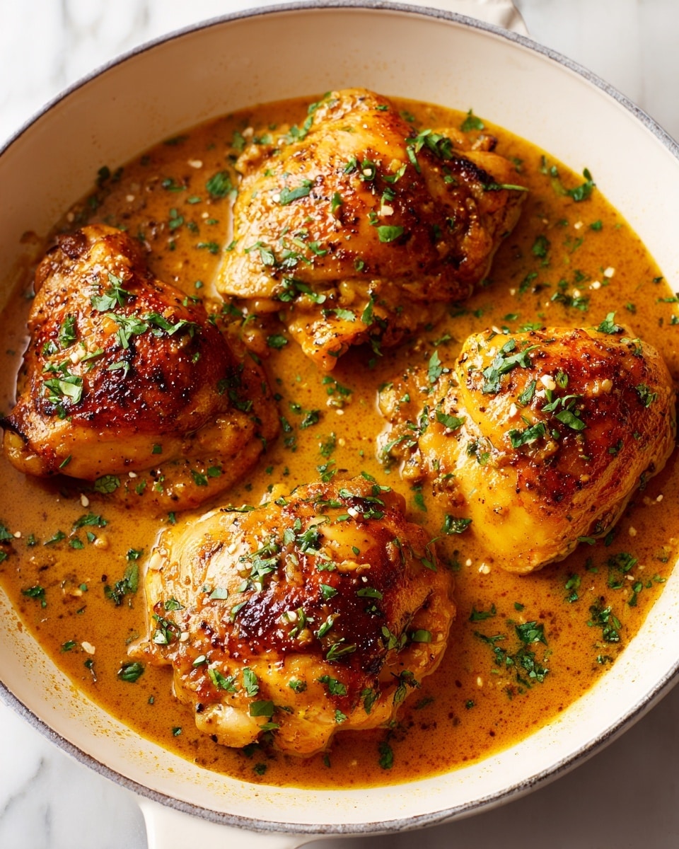 Four pieces of golden brown cooked chicken are placed close together in a white pan, each piece covered in a shiny, thick orange-brown sauce. The sauce has a smooth texture with small bits of garlic or seasoning visible. Bright green chopped fresh herbs are sprinkled evenly over all the chicken pieces, adding contrast to the warm colors. The background is a white marbled texture. Photo taken with an iphone --ar 4:5 --v 7