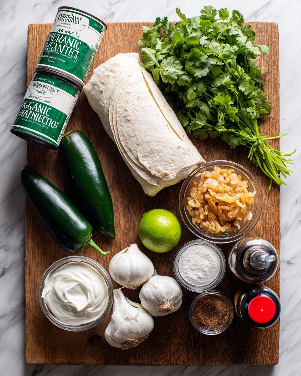 The image shows a wooden surface with various ingredients arranged neatly; a white marbled texture replaces the surface. At the back, there are two cans labeled organic and one white bag of tortillas standing upright. In front of them, from left to right, there is a bunch of fresh green cilantro, a dark green poblano pepper, a whole white garlic bulb, and a bright green lime. Next to these, there is a small clear bowl filled with golden-brown fried onions and another small clear bowl containing white sour cream. On the far right, two small spice containers are visible, one labeled with a cinnamon color and the other with a red top, along with a bottle of dark liquid seasoning. Everything is placed casually but clearly visible, all on a white marbled surface. Photo taken with an iphone --ar 4:5 --v 7