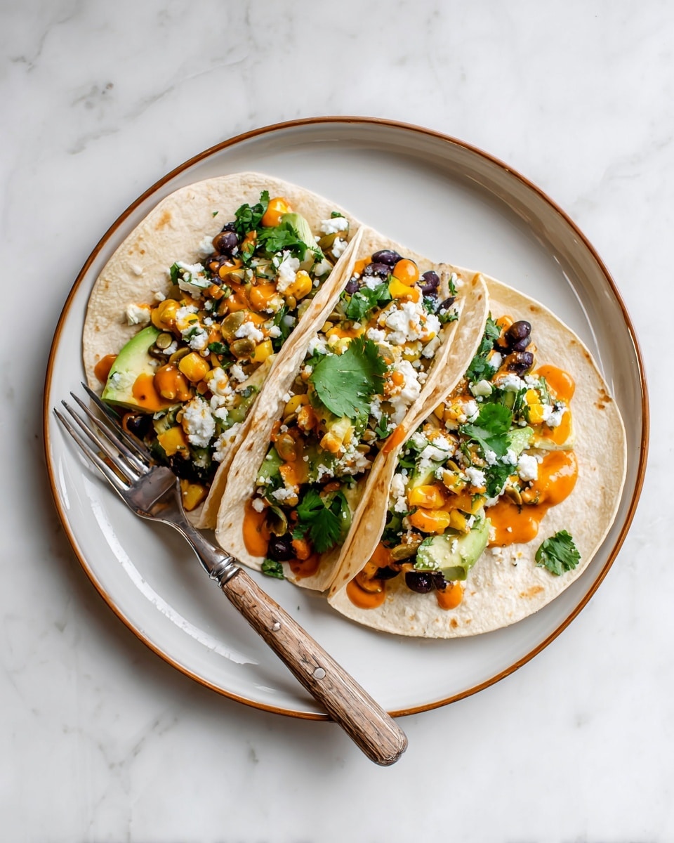Two soft light brown tortillas are folded and placed side by side on a white plate with a light brown rim. Each tortilla holds several layers: a base of black beans, topped with bright yellow corn and avocado chunks mixed with green herbs, and scattered with toasted pumpkin seeds. White crumbly cheese is sprinkled over the top along with fresh cilantro leaves. Hot orange sauce is drizzled lightly across the fillings. On the lower edge of the plate, a silver fork with a wooden handle rests. The plate sits on a surface with a white marbled texture. Photo taken with an iphone --ar 4:5 --v 7