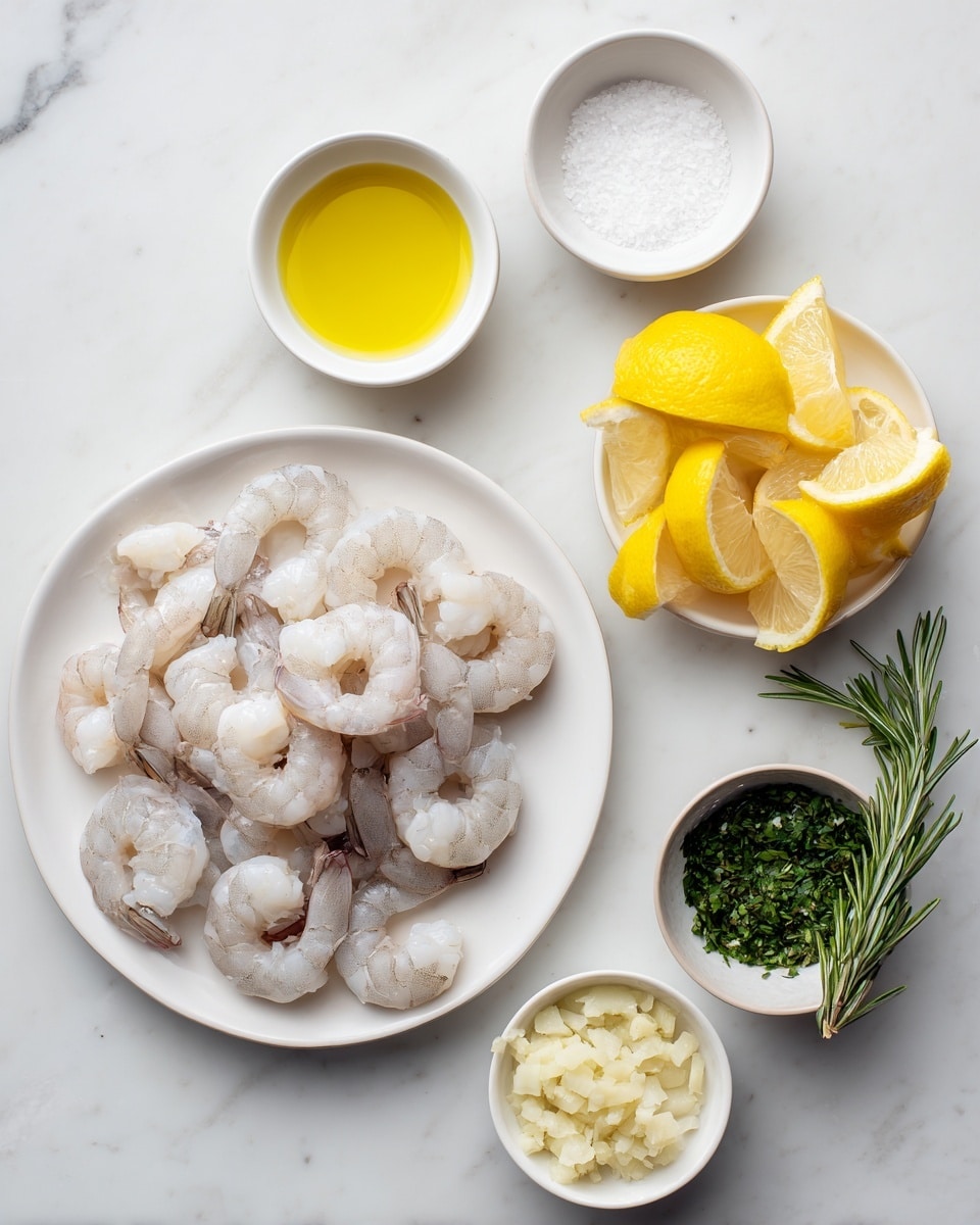 The image shows six elements arranged neatly on a white marbled surface: a white plate on the left filled with raw shrimp that are pale pink with some translucent white parts, their tails still attached, arranged in a circular pattern; next to it, a small white bowl filled with yellow olive oil; below that, a small white dish holding coarse white sea salt; to the right, a small white bowl with finely chopped pale garlic pieces; above it, a white plate with bright yellow lemon wedges piled on top; and on the far right, a small white bowl containing chopped green herbs with a fresh green rosemary sprig placed next to it. Photo taken with an iphone --ar 4:5 --v 7