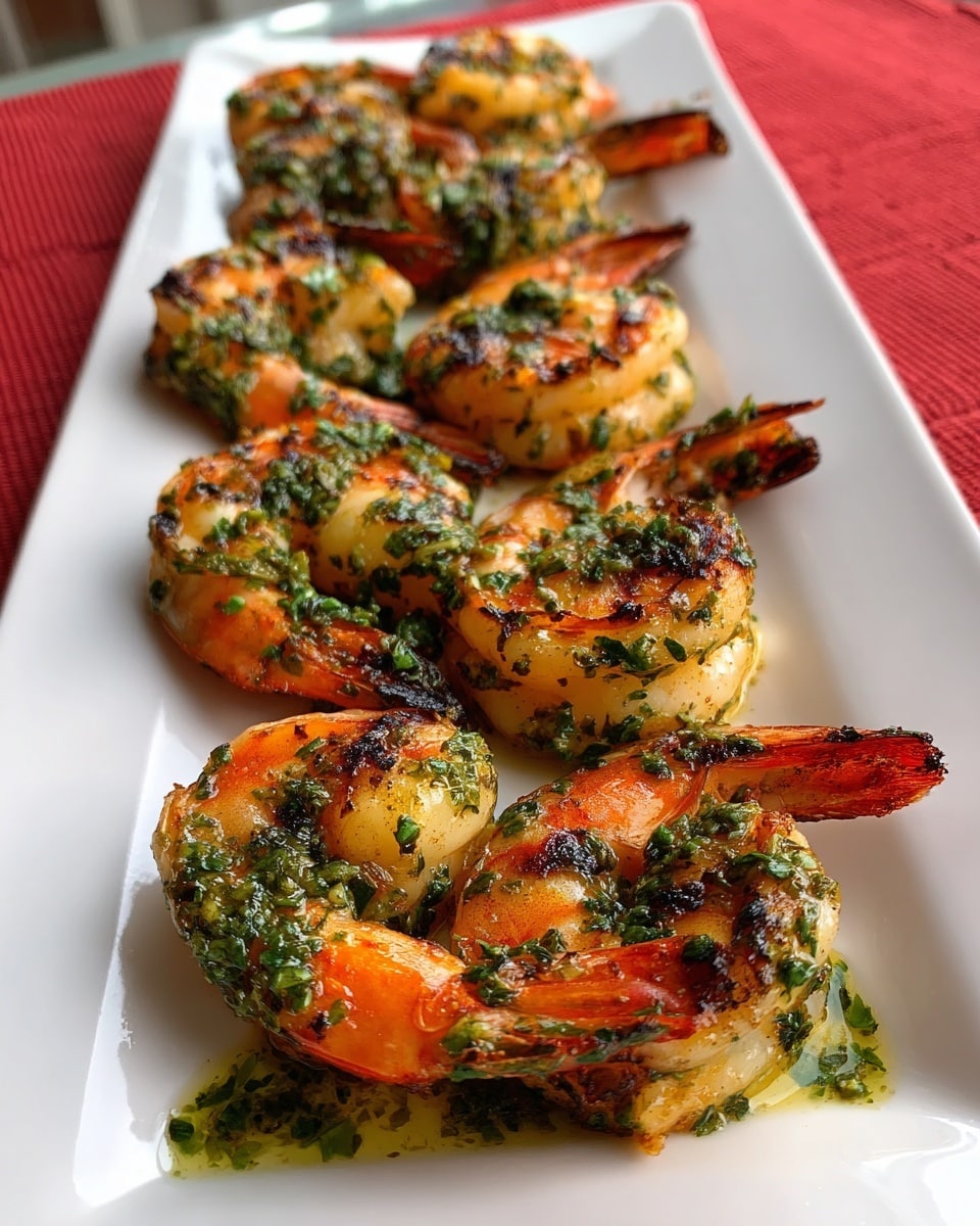 A white rectangular plate holds two neat rows of grilled shrimp, arranged closely side by side. Each shrimp is orange-pink with charred black grill marks and slightly curled tails positioned at the bottom. The tops have patches of green herb sauce scattered unevenly, adding a fresh, vibrant touch. The plate sits on a red textured surface. photo taken with an iphone --ar 4:5 --v 7