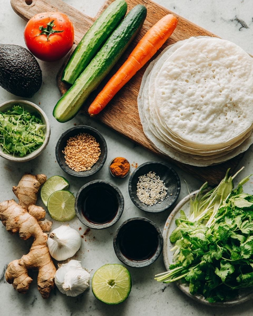 The image shows fresh ingredients neatly arranged on a white marbled surface. In the top left corner, there is a white cutting board with a black avocado, a red tomato, a green bell pepper, a long cucumber, and an orange carrot. To the right, there is a stack of translucent white round rice papers. Below them, there is a small bowl with green leafy herbs, next to a yellowish small bowl of peanut sauce. At the bottom left, fresh ginger root is placed beside a whole garlic bulb and two shallots. Three small black bowls with dark soy sauce sit along the center, with a small bright green lime and some white and black sesame seeds scattered nearby. A white plate with fresh green herbs, light brown peanut sauce, and other small seasonings complete the arrangement. The colors are bright with natural textures and fresh look, all shown in natural daylight. photo taken with an iphone --ar 4:5 --v 7