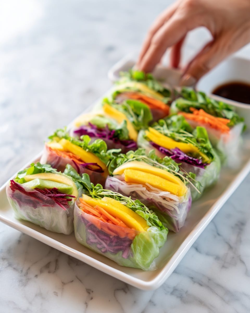The image shows a rectangular white plate filled with two neat rows of fresh spring rolls. Each roll is wrapped in translucent rice paper, revealing bright layers inside, including green leafy lettuce, yellow mango slices, red shredded carrots, and some purple cabbage. The rolls are cut in half, showing their colorful cross-sections. The plate is placed on a white marbled surface, with a small dipping sauce bowl just visible on the side. A woman's hand is seen reaching towards the spring rolls from the edge of the image. Photo taken with an iphone --ar 4:5 --v 7