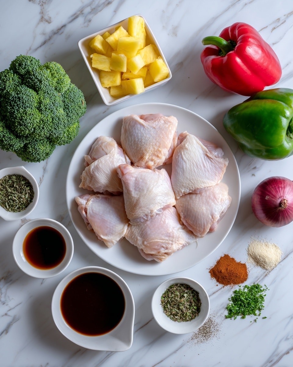 The image shows a white plate in the center with raw chicken thighs arranged in a circle. Around the plate, on a white marbled surface, there are several small white bowls and loose ingredients. At the top left, a small white bowl holds diced yellow pineapple. To the left side, some green broccoli florets are placed directly on the surface. Below the broccoli, a small white bowl is filled with dark brown sauce. Below that bowl, a small amount of soy sauce sits in a white shallow dish. To the right of the soy sauce, there is a whole red onion on the surface. On the right side, a small white bowl contains dark brown thick sauce. Just above that, small piles of herbs, a mix of green leaves, and seasoning powders are spread on the white marbled surface. In the top right corner, there are two bell peppers, one red and one green. The colors and textures contrast well, with the raw pink chicken in the middle and fresh vegetables and sauces surrounding it, all on a clean white marble background. Photo taken with an iphone --ar 4:5 --v 7