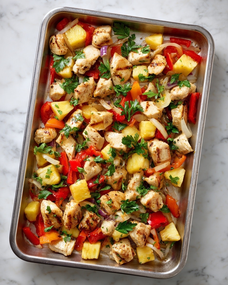 A metal baking tray filled with many small pieces of cooked chicken, lightly browned with grill marks, mixed with yellow cubes of pineapple, red and yellow bell pepper pieces, and chunks of onion. The ingredients are spread evenly across the tray, and some green parsley leaves are sprinkled on top for a fresh look. The tray is placed on a white marbled surface. photo taken with an iphone --ar 4:5 --v 7