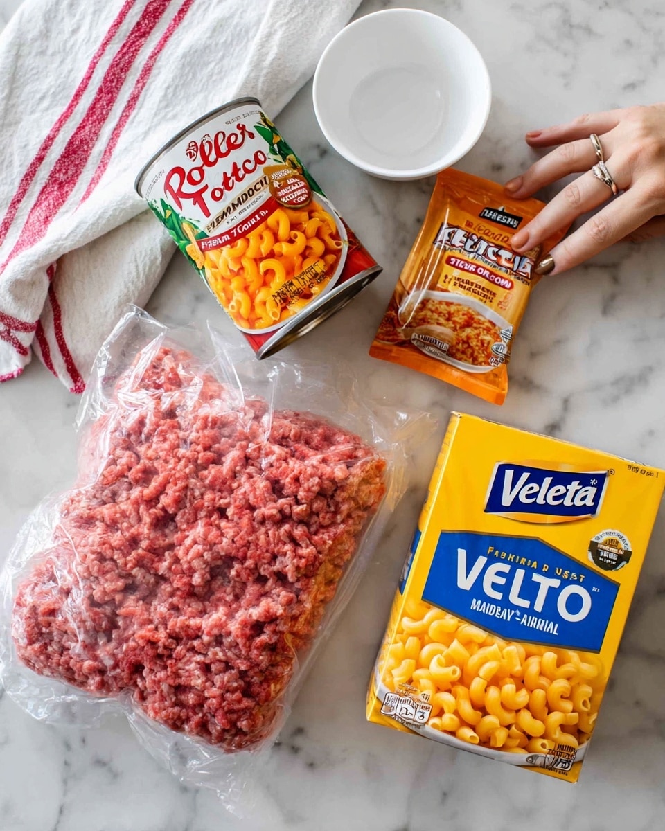 The image shows ingredients for a taco macaroni dish arranged on a white marbled surface. There are two boxes of yellow Velveeta shells and cheese on the right side, each with bright orange and blue colors and the text