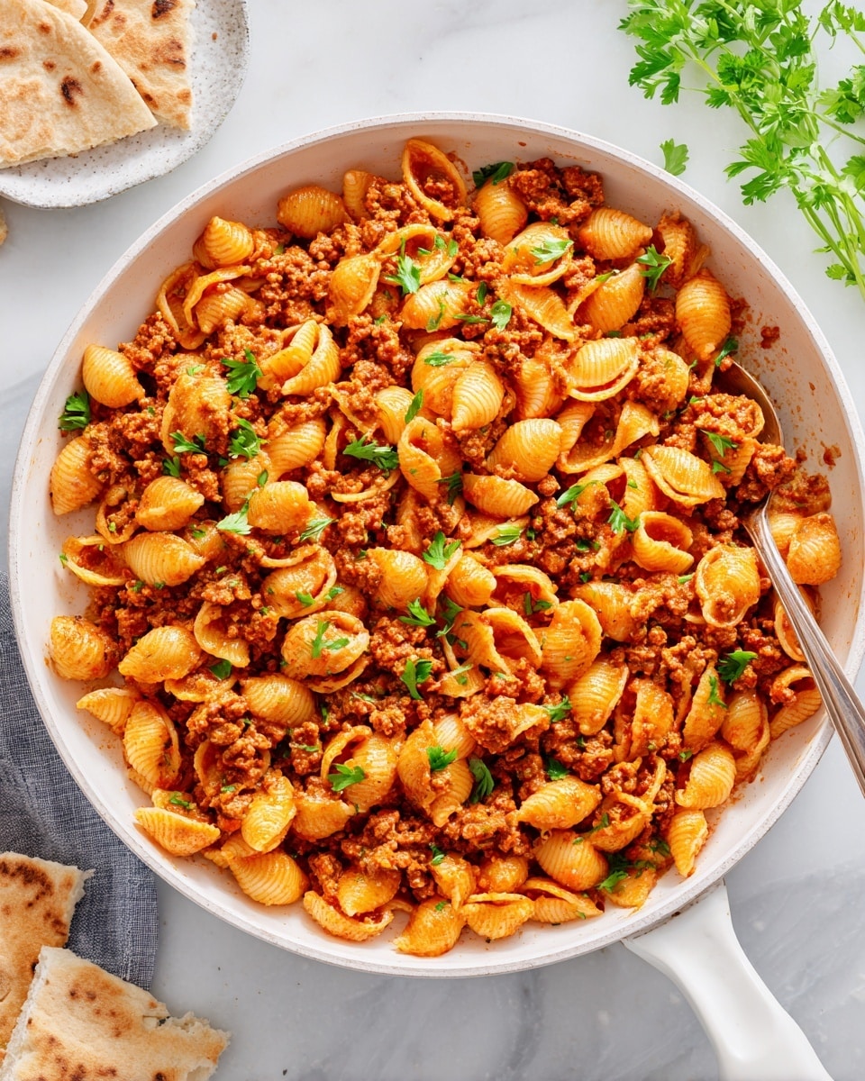The image shows a white skillet filled with a mix of small shell pasta and ground meat cooked in a reddish-orange sauce that coats every piece evenly. The pasta shells have a smooth texture with some curled edges, and the meat is crumbled into small, soft chunks mingled throughout. Bright green parsley leaves are scattered on top as garnish, adding a fresh contrast to the warm tones of the dish. The skillet has a thick white handle extending from the right side and sits on a white marbled surface with some small pieces of flatbread and a sprig of herb nearby. photo taken with an iphone --ar 4:5 --v 7